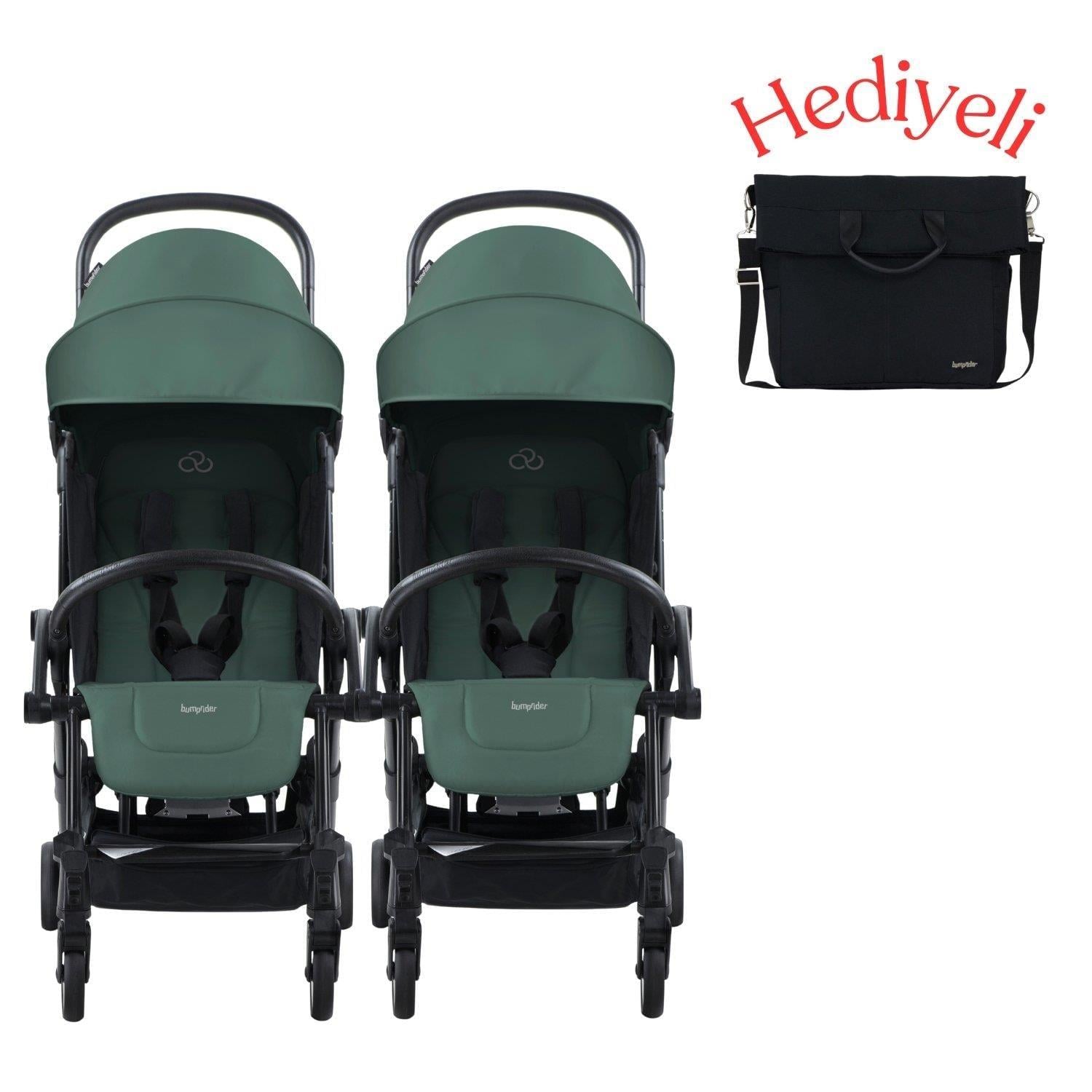 Bumprider Connect³ İkiz Bebek Arabası Black - Olive & Yan Bakım Çantası Hediyeli