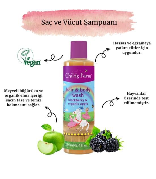 Child's Farm Böğürtlen ve Organik Elma Özlü Saç ve Vücut Şampuanı 250ml