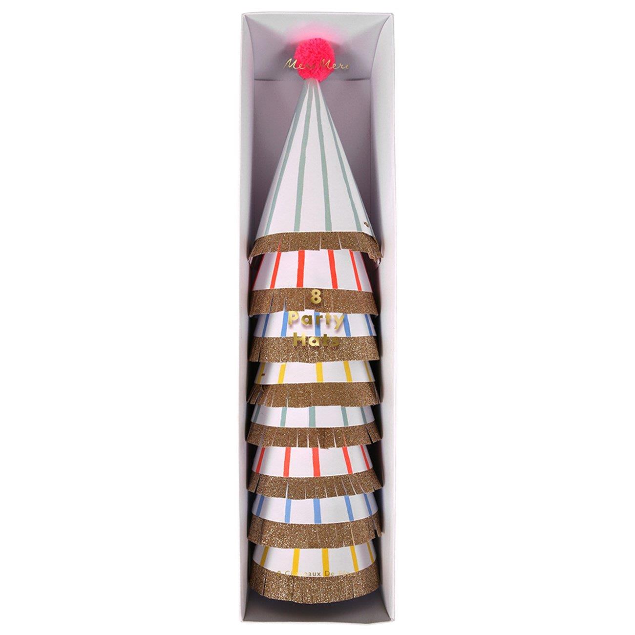 Meri Meri - Stripe & Pompom Party Hats - Çizgili & Ponponlu Parti Şapkaları - L