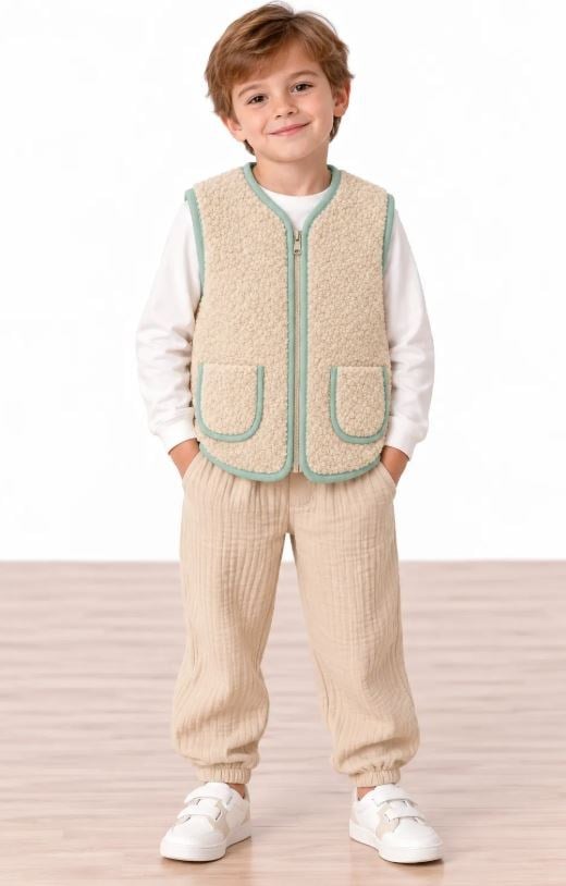 Miela Kids Camper Patchwork Peluş Yelek - Bej Bej