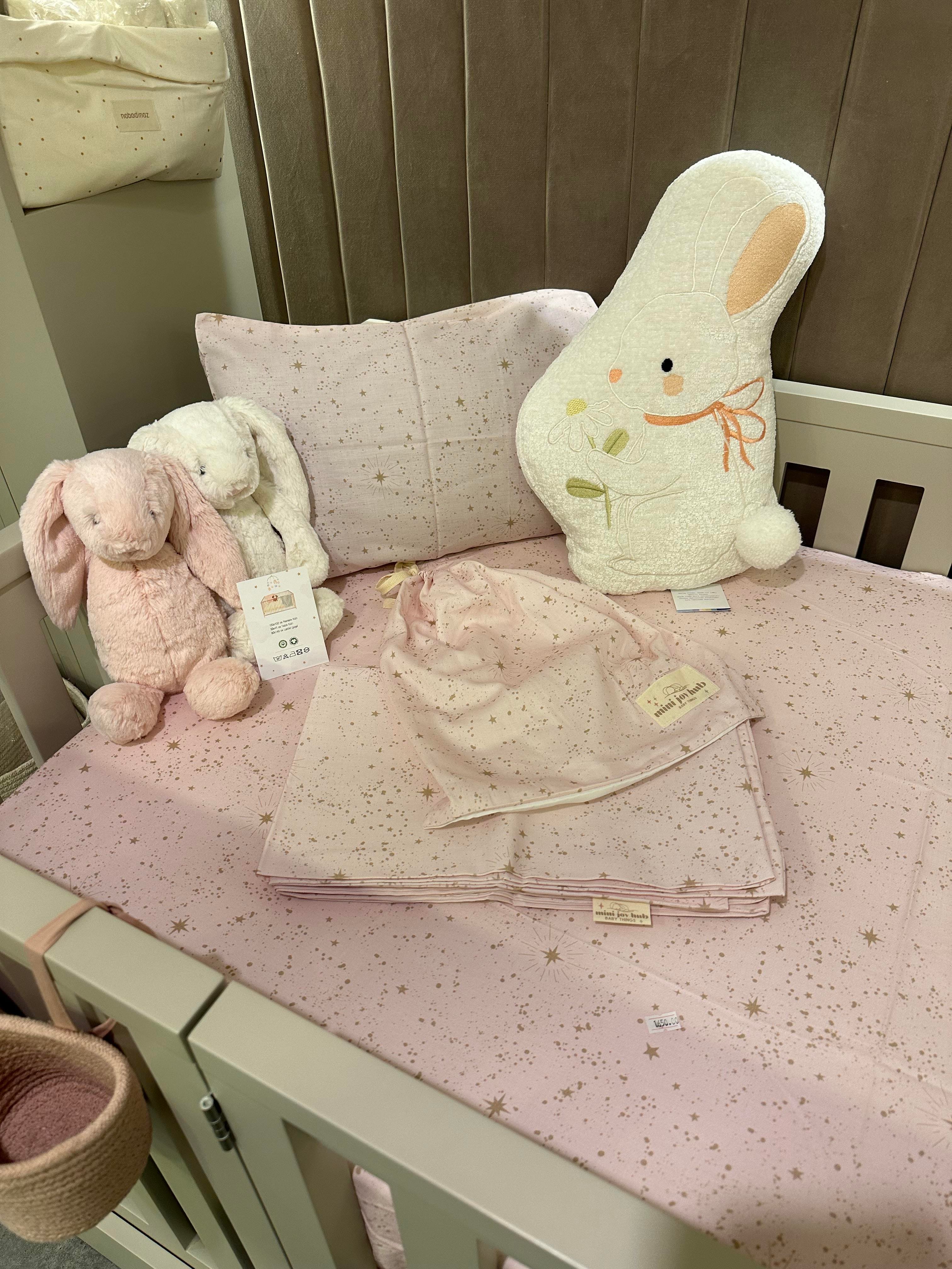 MiniJoyHub Bebek Nevresim Takımı Pembe Üzeri Bej Yıldızlı