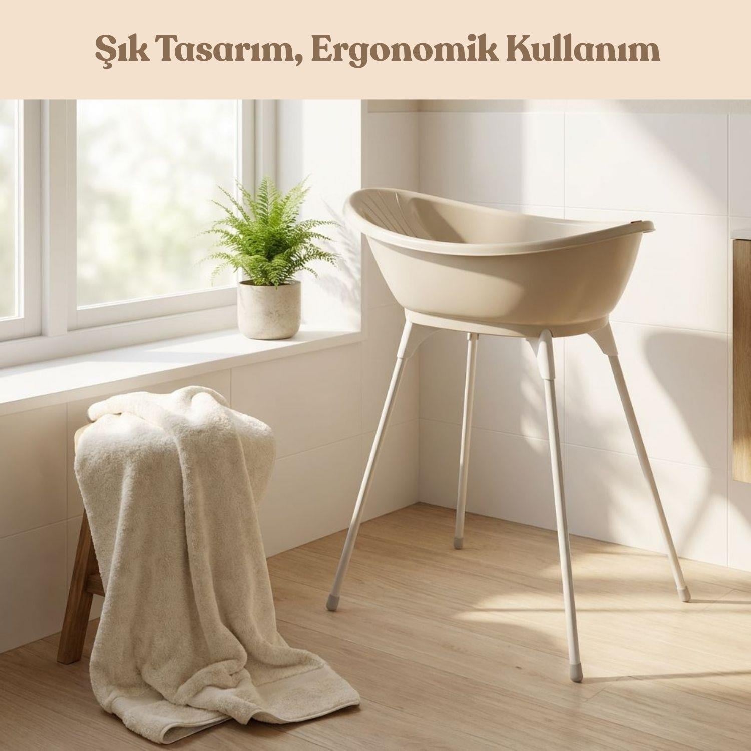 OKBaby Bebek Banyo Seti Bella Dijital Termometreli Çift Yönlü Küveti & Küvet Taşıyıcı Bej