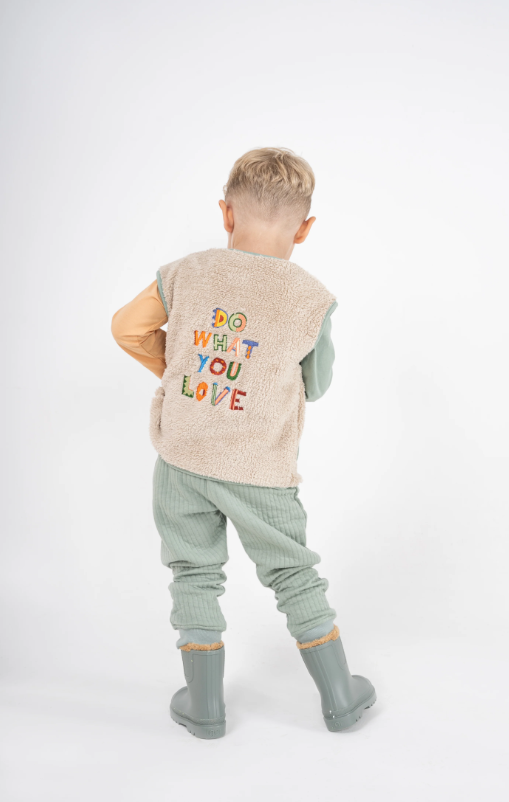 Slogan Nakışlı Peluş Yelek - Bej STD