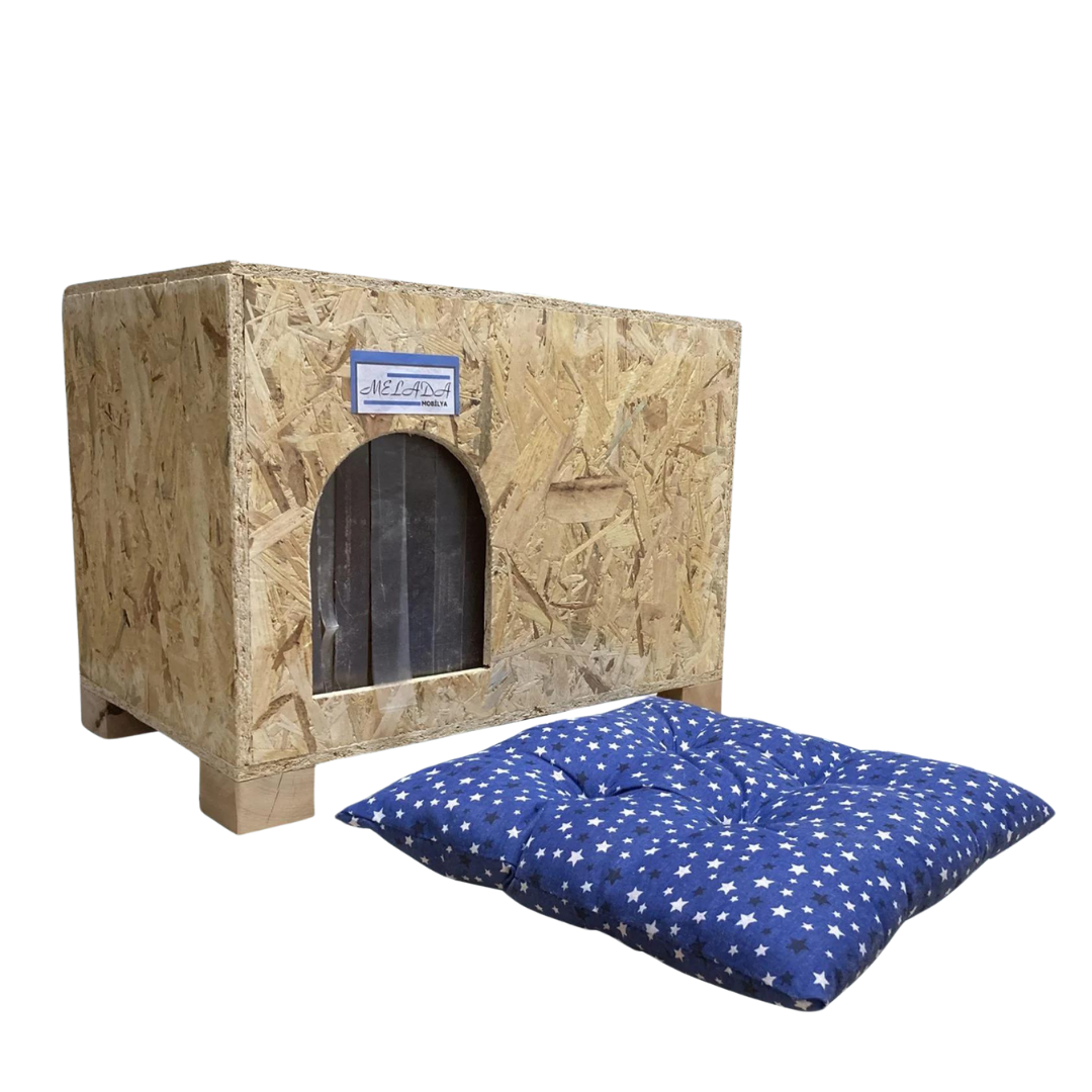 Melada Kedi Evi Dış Ortam Uygun Ahşap Kedi Evi OSB Minderli 61x41x36 cm