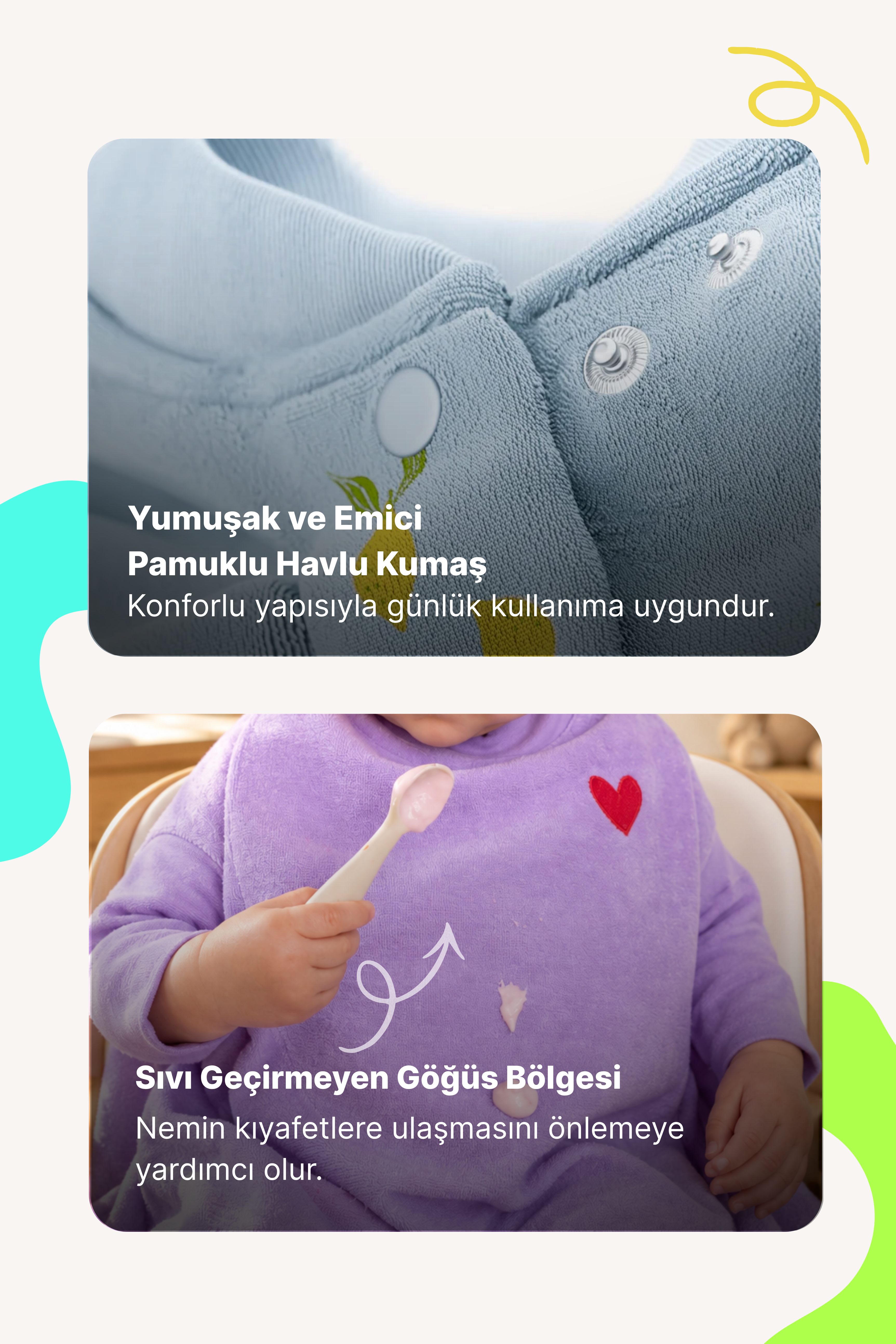 Reyo 6 Ay-6 Yaş Uzun Kollu Bebek Mama Önlüğü, Çocuk Aktivite Önlüğü, Pamuklu, Sıvı Geçirmez İç Katmanlı Havlu Bebek Beslenme Önlüğü - Avokado