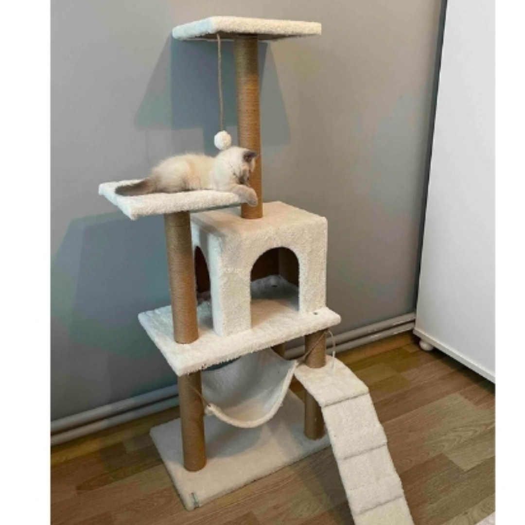 Reyo Pet B-07 Hamaklı Yuvalı Lüx Kedi Tırmalama Oyun Evi Beyaz