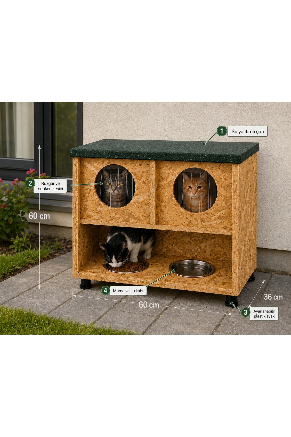 Narım 2 Bölmeli Kedi Evi ve Mamalık – Yağmura Dayanıklı Dış Mekan Kedi Barınağı 60x60x36 cm
