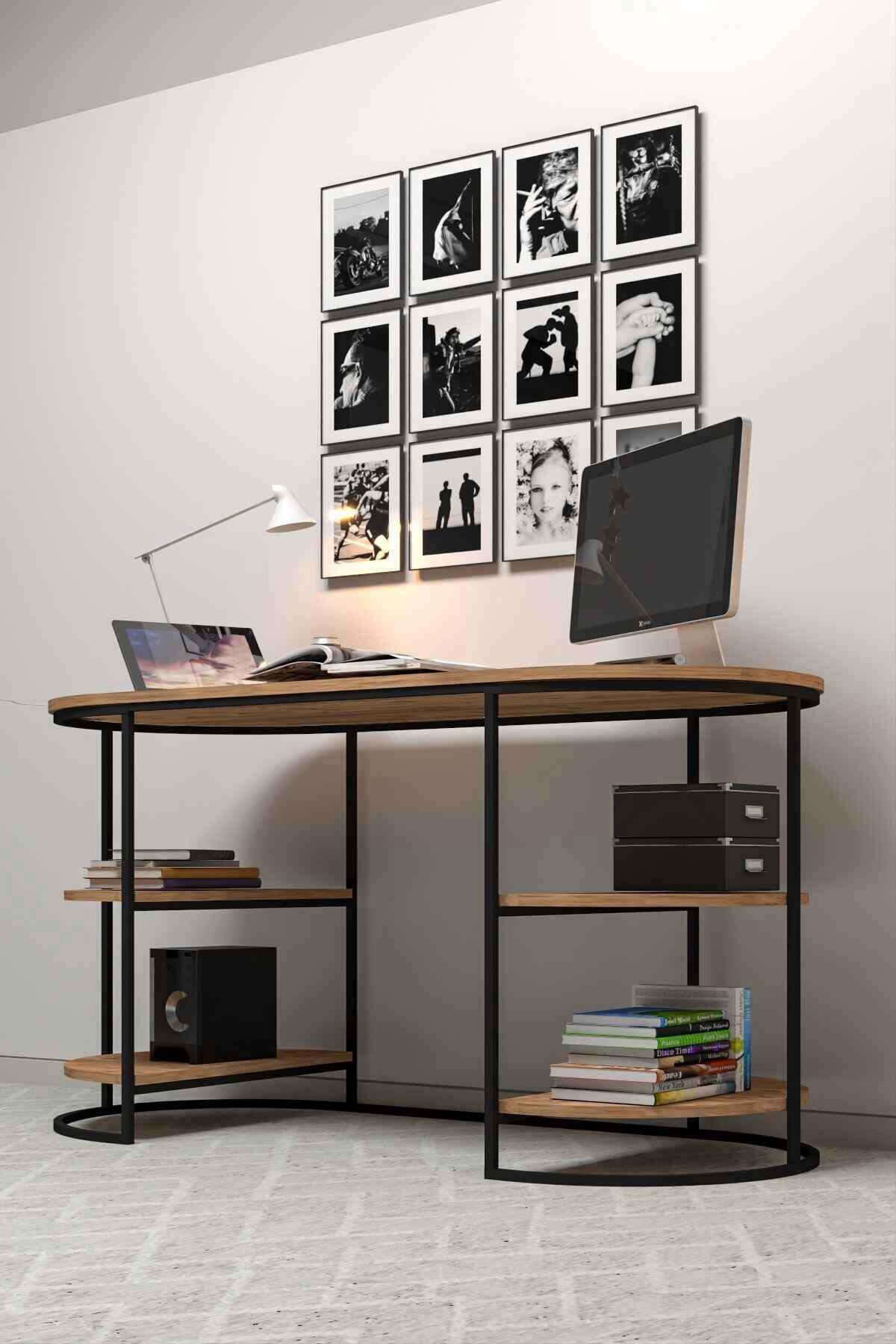 Reyo Falez Metal Ayaklı Raflı Çalışma Masası, Ofis Masası, Ders Masası Atlantik Çam