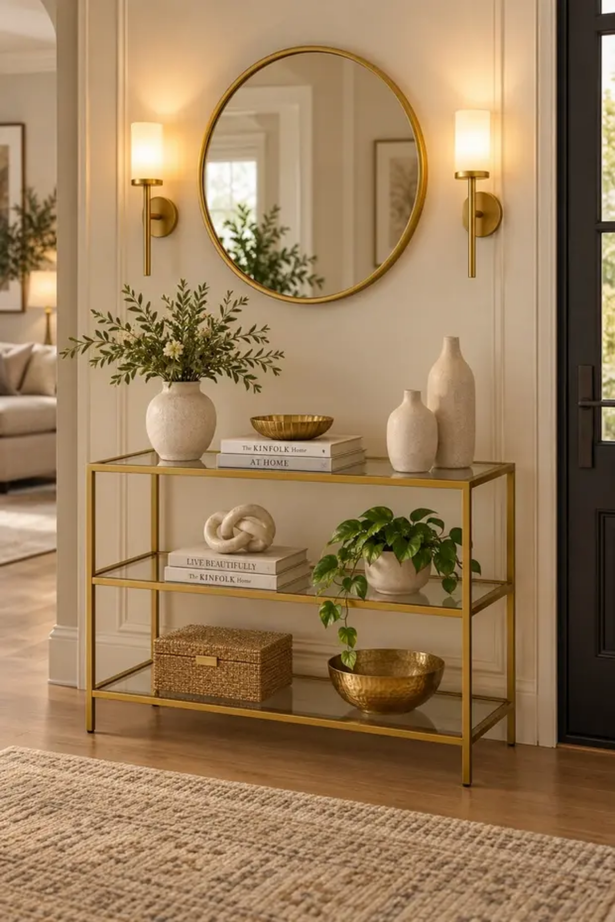 Reyo Celestina Şeffaf Camlı Gold Metal Salon Konsol Ünitesi 100cm