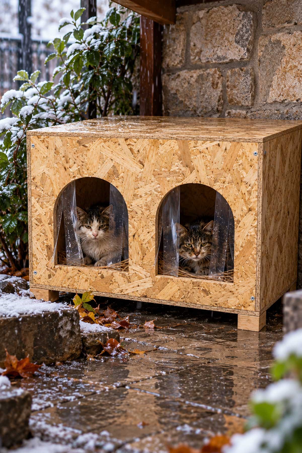 Reyo 2 Bölmeli Yetişkin Kedi Evi, Kedi Barınağı, Sokak Hayvanları İçin Kedi Barınağı, Kedi Yuvası, Rüzgar ve Soğuğa Dayanıklı Ahşap  61x41x36 cm CAT50