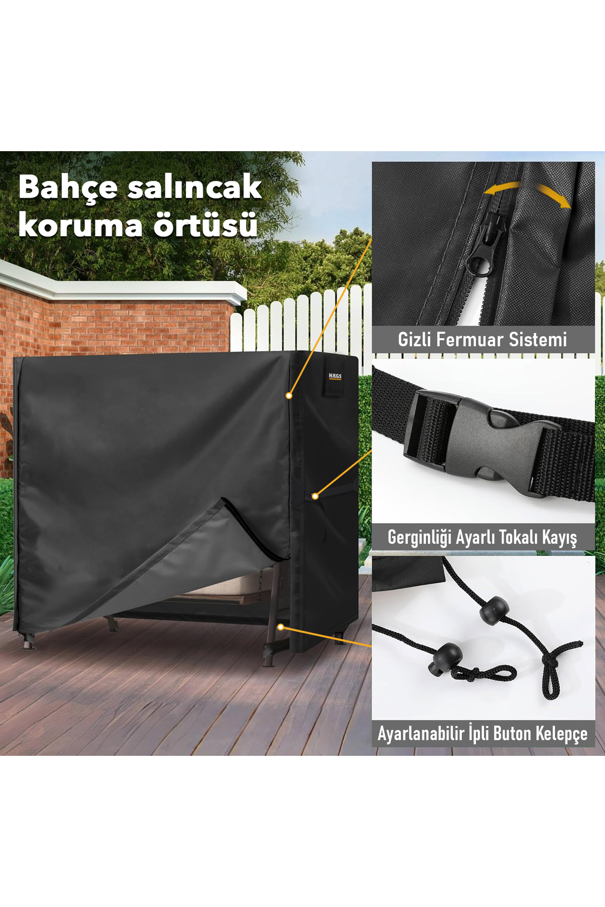 HAEGS Bahçe Salıncak Koruma Örtüsü Üç Kişilik Tenteli Hamak Bahçe Salıncağı Koruma Kılıfı Su Geçirmez Branda Dayanıklı 210x125x170cm Gri