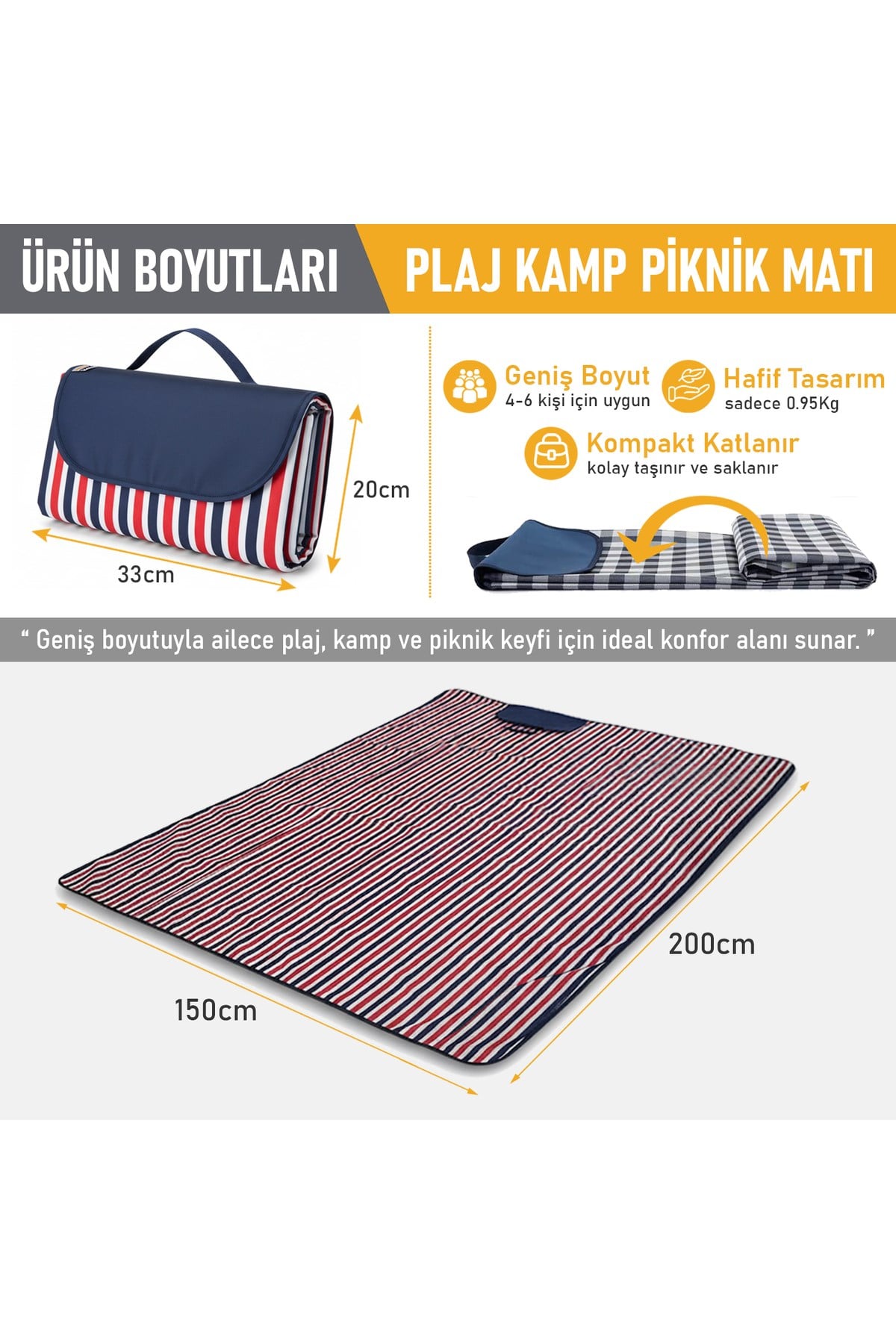 Haegs Piknik Örtüsü, Çanta Kamp Matı, Plaj Matı, Piknik Yer Örtüsü, Seyahat, Kamp, Outdoor, Kum Tutmaz, Su Geçirmez, Katlanabilir 200x150cm - Kırmızı Çizgili