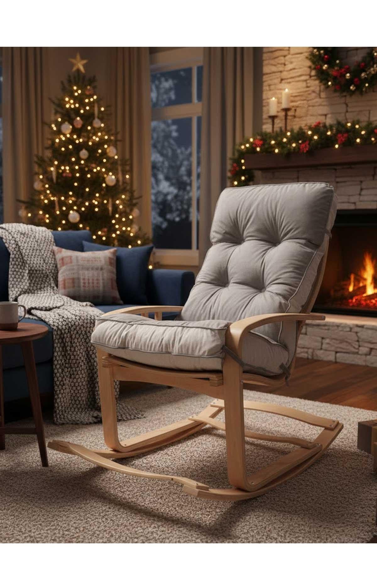 Reyo Home Şehzade Ahşap Sallanan Sandalye Ve Dinlenme Koltuğu Çift Renk (Gri/Krem) Doğal