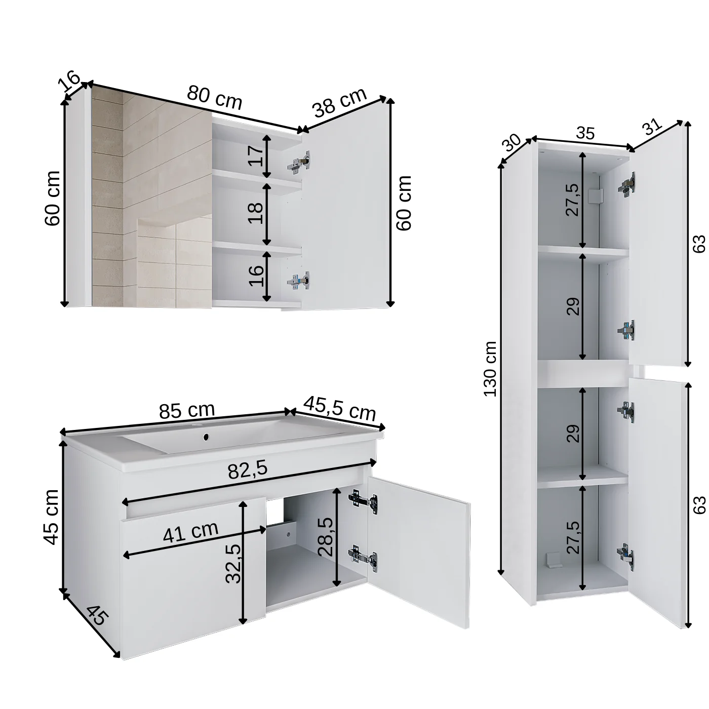 Roomart Tm3 Ayaksız 2 Kapaklı Lavabolu Beyaz Mdf 65 Cm Banyo Dolabı Aynalı Üst Dolap Boy Dolabı