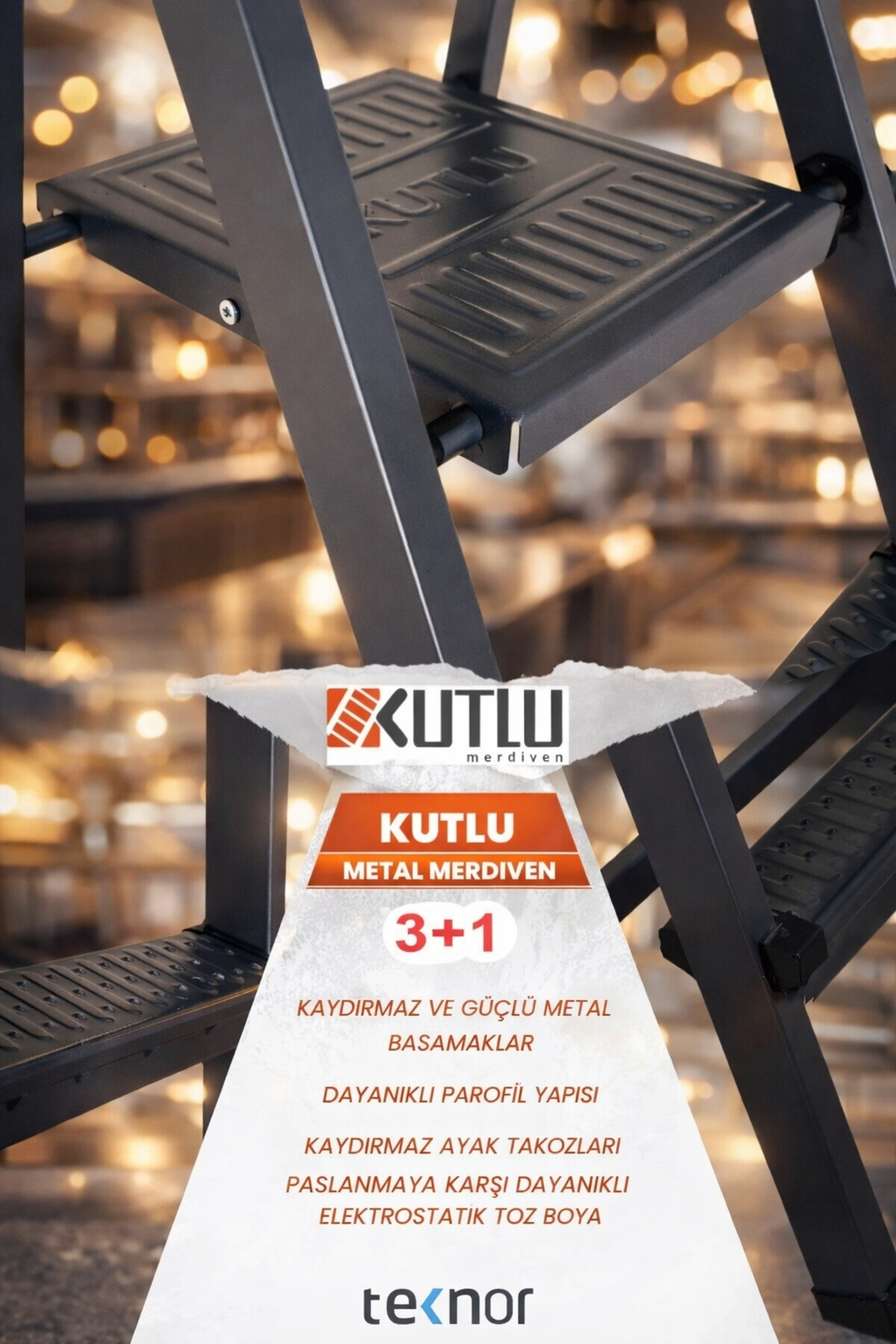 Reyo Kutlu Dayanıklı 3+1 Metal Basamaklı Katlanır Merdiven – Kaymaz Basamaklı Ev Tipi Portatif Merdiven