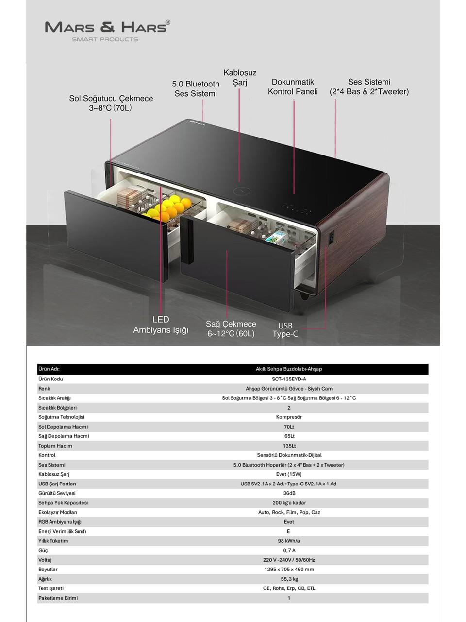 Mars&Hars SCT135A Kompresörlü Akıllı Sehpa Buzdolabı Bluetooth Haparlör-Ahşap Renk