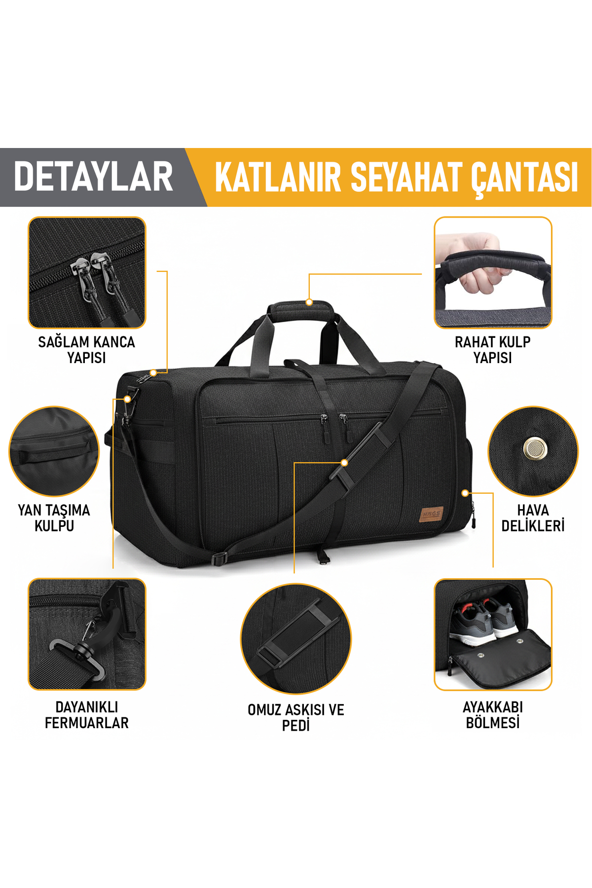 Haegs Katlanabilir Seyahat Çantası, Bavul Valiz Büyük Boy El Bagajı Çantası Erkekler ve Kadınlar için, Ayakkabı Bölmeli Hafta Sonu Geceleme, Katlanır Hurç Çanta 100L - Gri