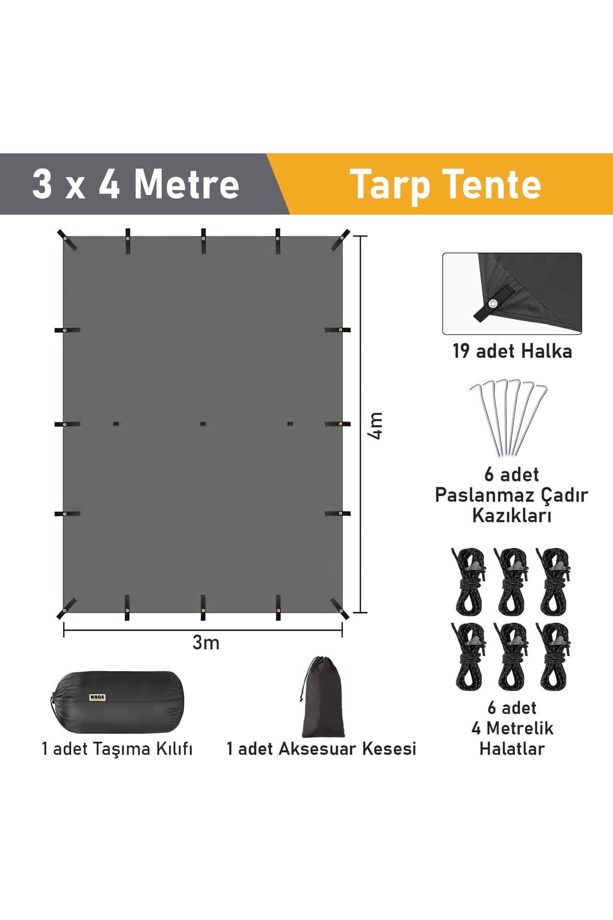 Haegs Su Geçirmez Tarp Tente Gölgelik Örtü, 4 Mevsim Taşınabilir Örtü Branda Çok İşlevli Outdoor Açık Hava Kamp Seyahat Tente Branda Barınak Yağmurluk, Güneşlik Karavan Yan Gölgelik Çadır 300x300 cm- Gri