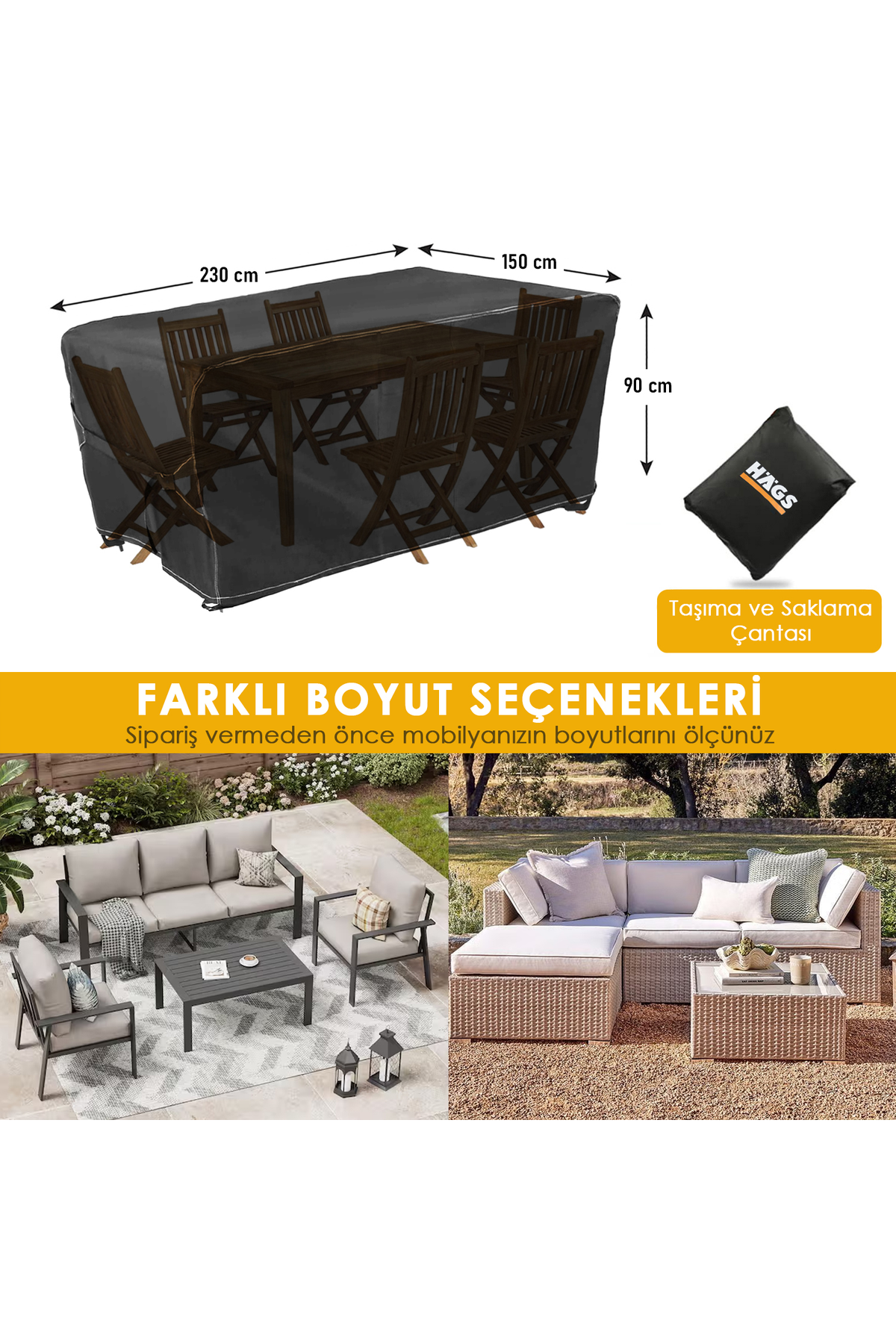 Haegs Bahçe Mobilyası Örtüsü, 230-150-90cm, Ağır Hizmet Oxford Kumaş, Su Geçirmez, Dış Mekan Veranda Masa Örtüsü, Havalandırmalı Masa ve Sandalye Koruma Kılıfı Siyah