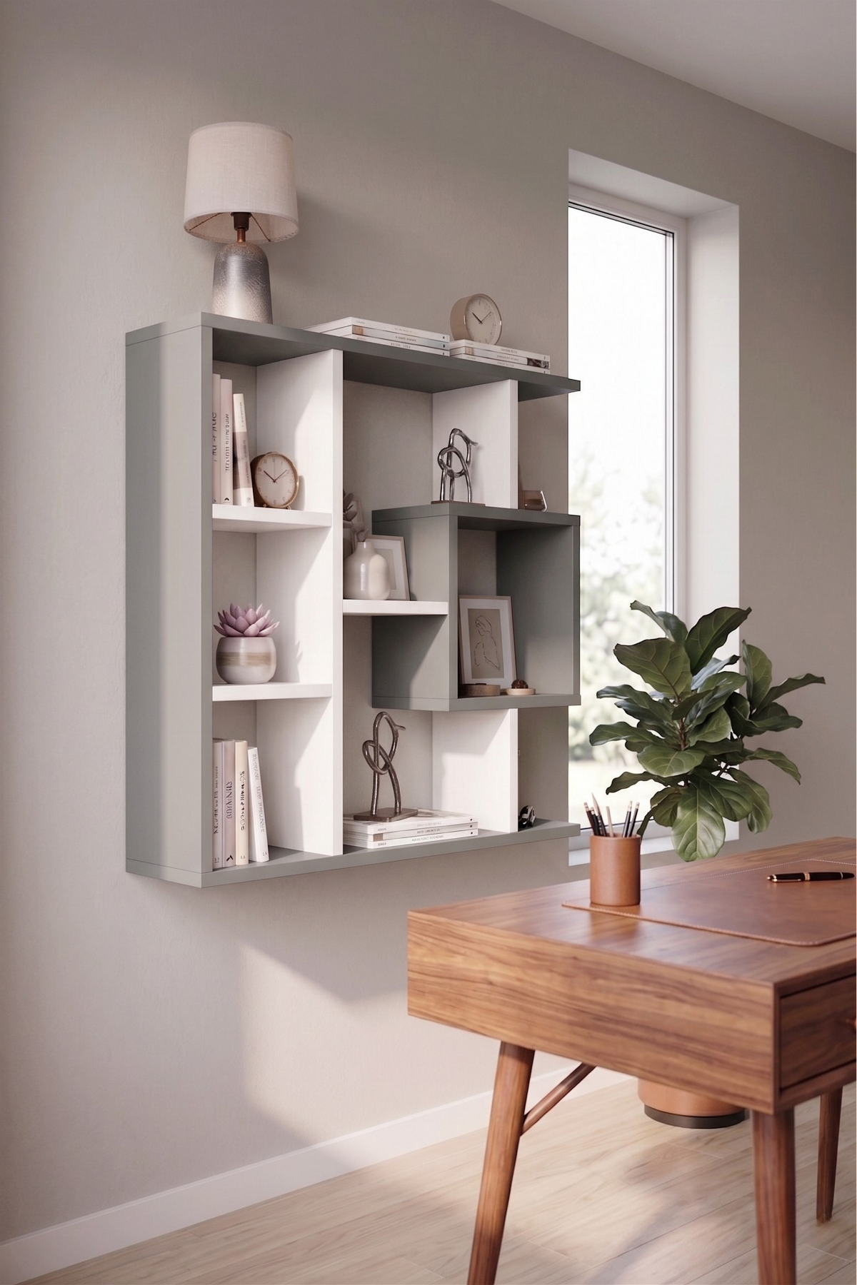 Enda Home Yegane Duvar Rafı, Duvar Kitaplığı, Dekoratif Kitaplık, Modern Kitaplık, Zeminde veya Duvarda Kullanıma Uygun Beyaz - Antrasit