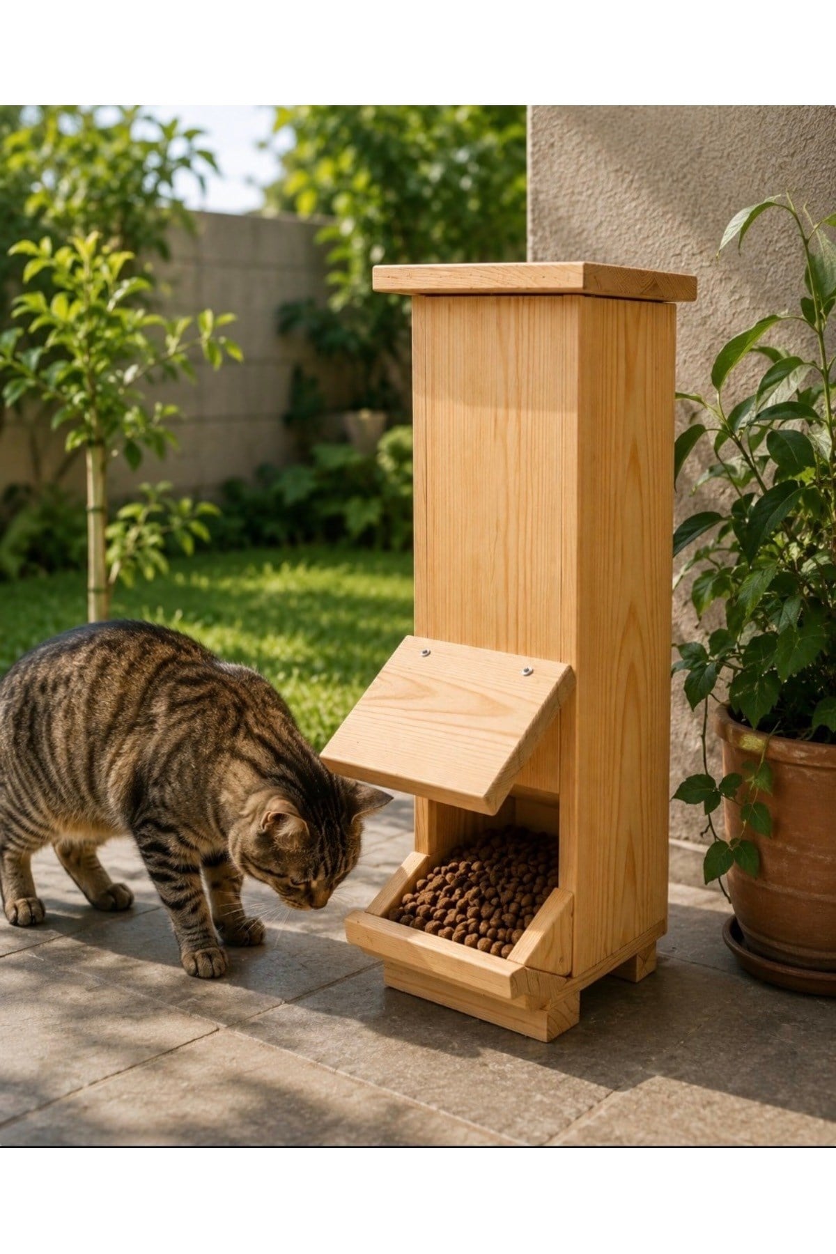 Narım Kedi Mama İstasyonu Ahşap – Su Geçirmez İç ve Dış Mekan Mama Standı 50x20x20 cm