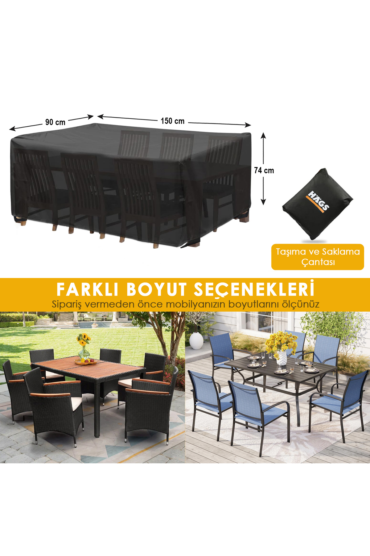Haegs Bahçe Mobilyası Örtüsü, 150-90-74cm, Ağır Hizmet Oxford Kumaş, Su Geçirmez, Dış Mekan Veranda Masa Örtüsü, Havalandırmalı Masa ve Sandalye Koruma Kılıfı
