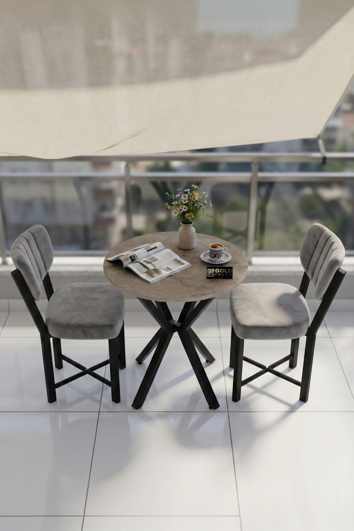 Reyo Falez Elma 70 cm Yuvarlak Masa Takımı 2 Sandalyeli Modern Mutfak Balkon Yemek Masası Seti Traverten - Gri 9846