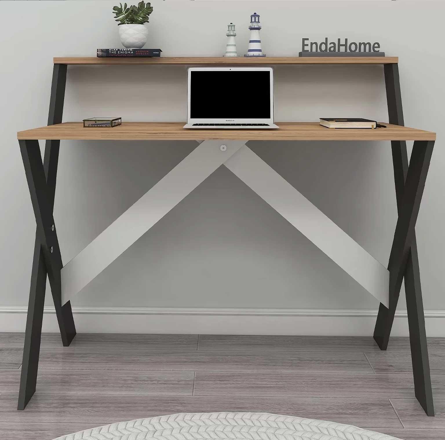Enda Home X Ayaklı Raflı Ders Çalışma Masası 50x90 cm Antrasit - Çam