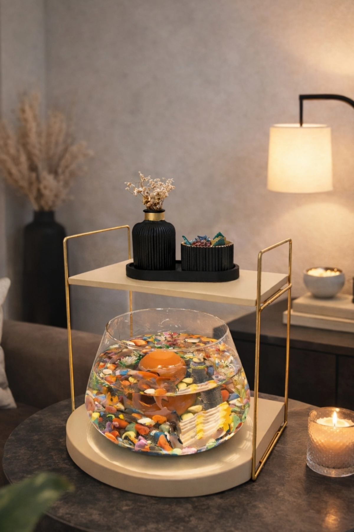 Reyo OK-AY Store Düz Raflı Işıklı Lüks Cam Fanus İçinde Beta Balığı İçin Özel Tasarım Masa Üstü Dekoratif Akvaryum Gold-Krem