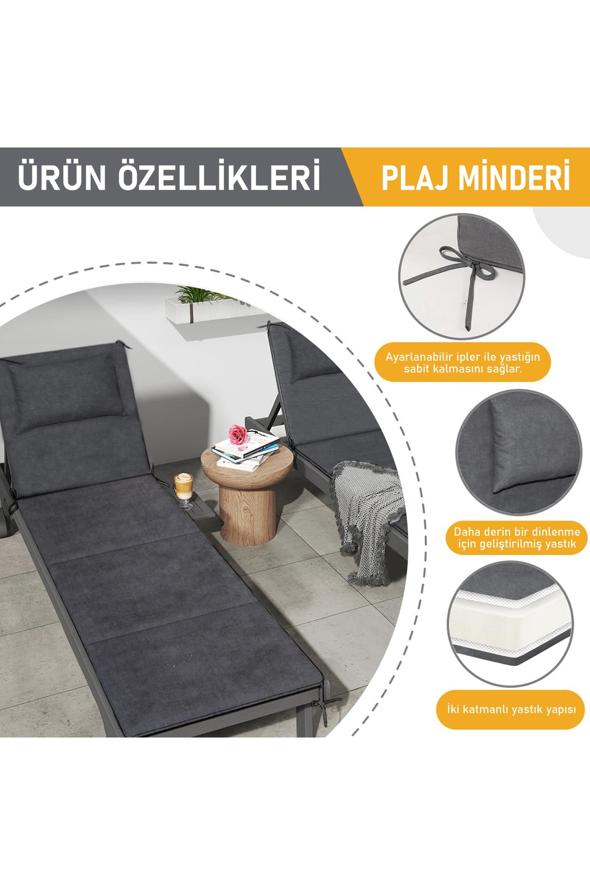 Haegs Plaj Minderi, Plaj Çantası Tasarımlı, Katlanır Plaj Matı, Yastıklı, Plaj Şezlong Minderleri, 22 Dens 180x53x2cm - Gri