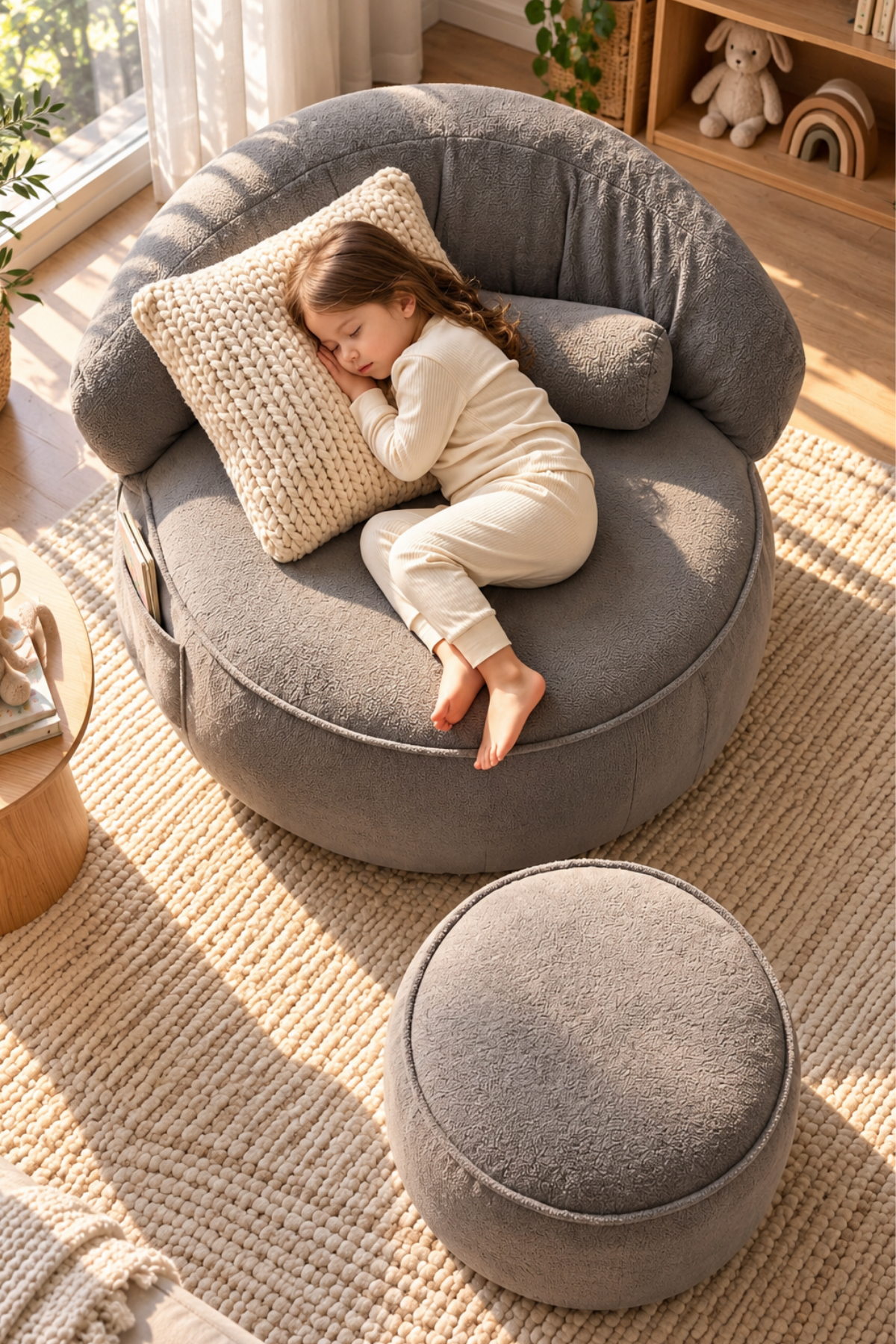 Pufymax Cozy Legom Çok Amaçlı Yuvarlak Puf Koltuk, Rahat Berjer ve Uzanma Koltuğu Gri