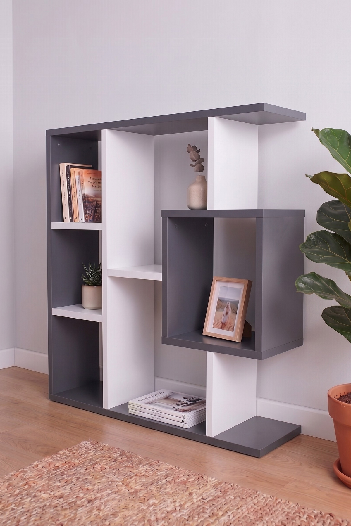Enda Home Yegane Duvar Rafı, Duvar Kitaplığı, Dekoratif Kitaplık, Modern Kitaplık, Zeminde veya Duvarda Kullanıma Uygun Beyaz - Antrasit