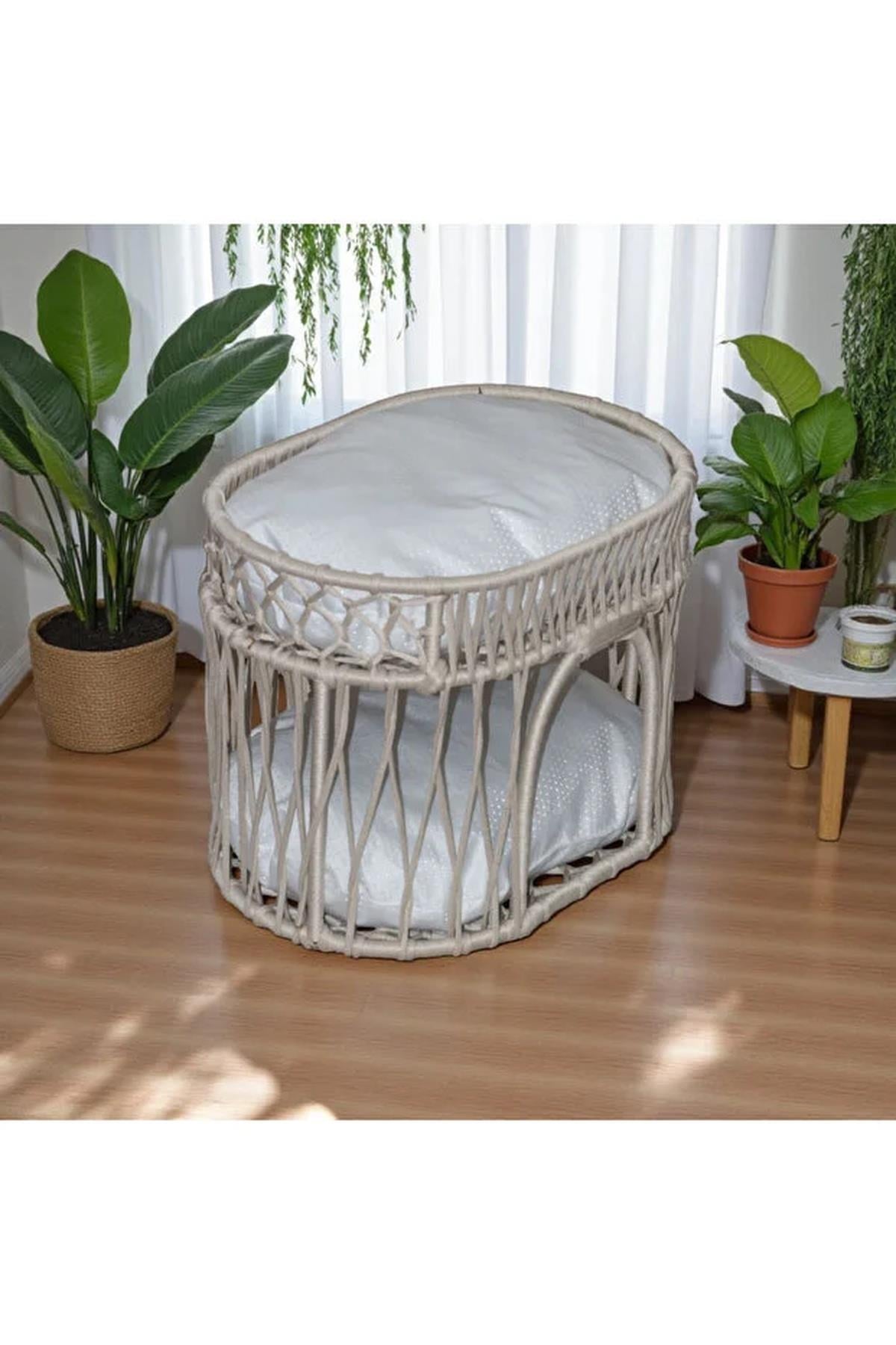 Tasaryum Çift Katlı Kedi Yatağı Kedi Ranzası, İskandinav Kedi Evi Bej