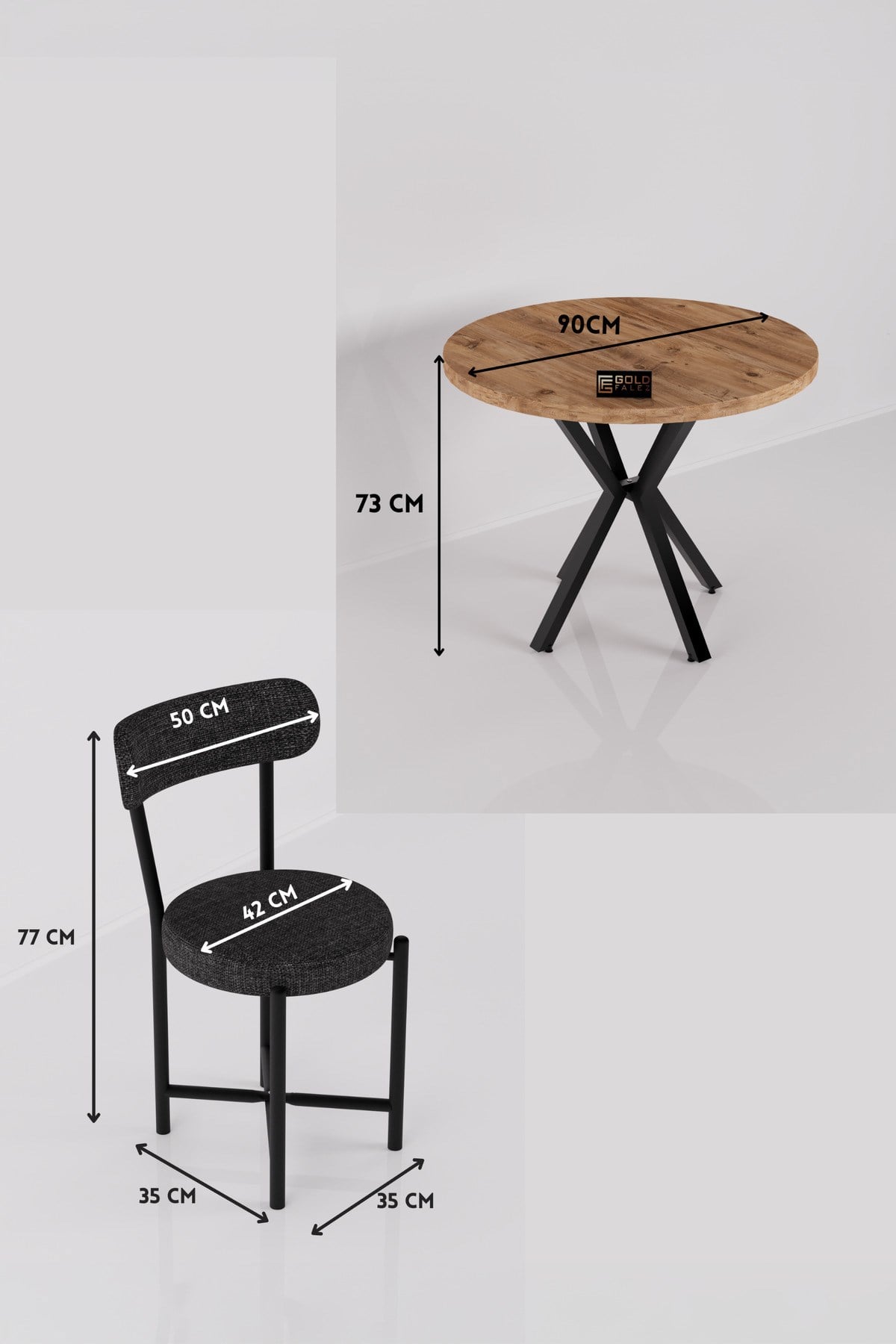 Reyo Falez Teddy 90 cm Yuvarlak Masa Takımı 4 Sandalyeli Modern Mutfak Balkon Kafe Yemek Masası Seti Antrasit 9861
