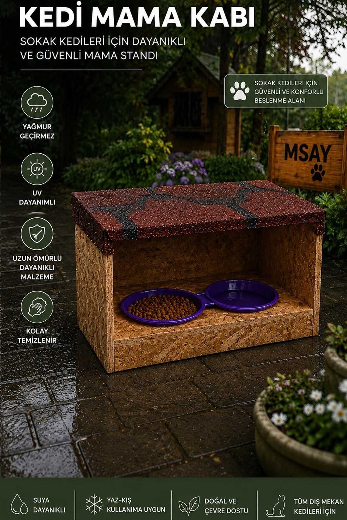 Msay Dış Mekan Kedi Mama Kabı Standı (37x21x25 cm) - Yağmur Geçirmez Membran Kaplı, 2'li Kap İle Kurulu Teslimat