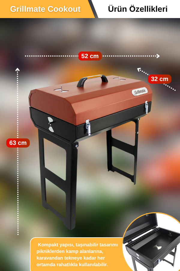 Grillmate Cookout Katlanır Ayak Kilitli Barbekü Mangal-Kırmızı