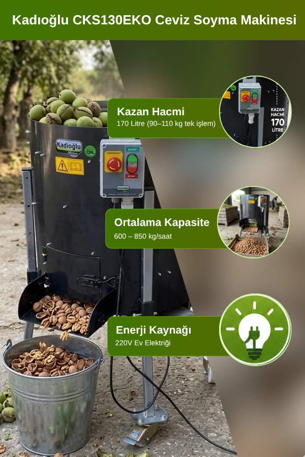Kadıoğlu CKS130EKO Rendeli Sabit Devirli Ceviz Soyma Makinesi 170 Litre