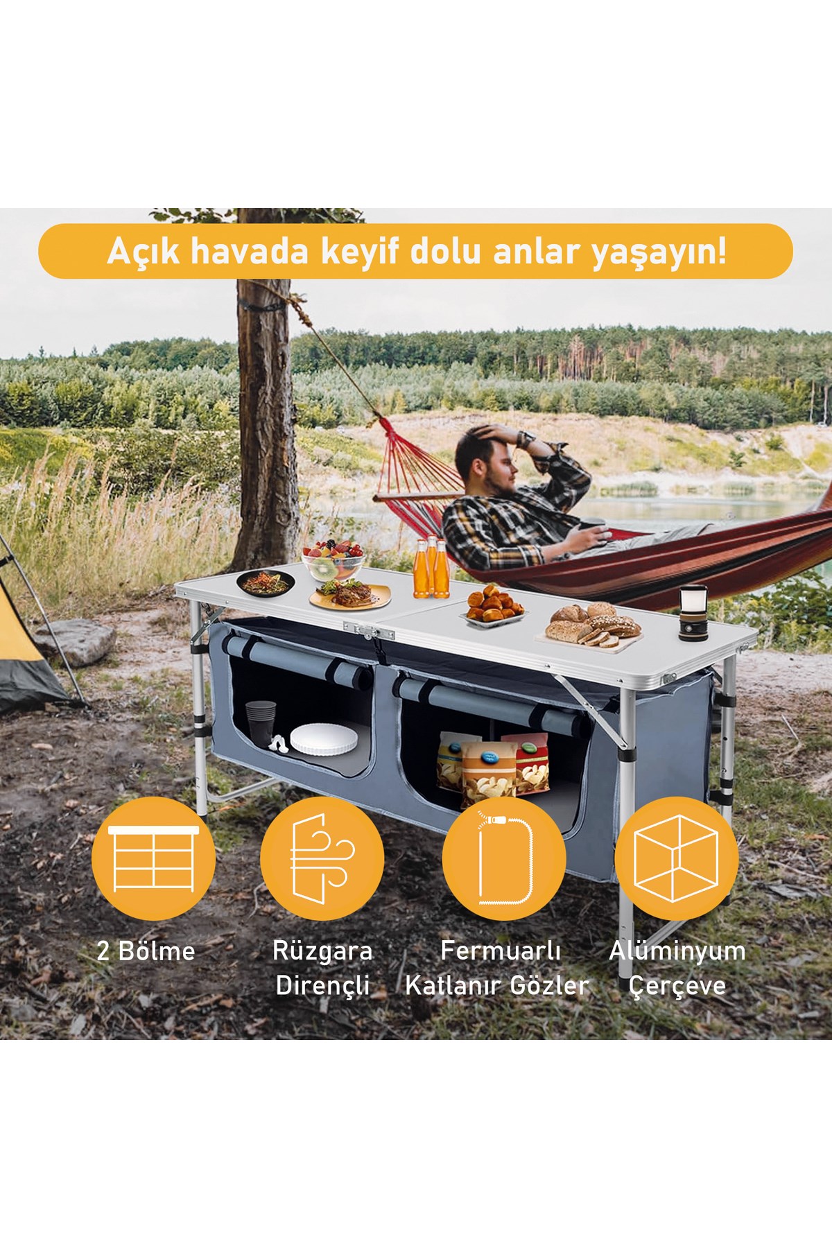 Haegs Saklama Dolaplı Kamp Masası, Outdoor Kamp Mutfağı, Kamp Dolabı, Katlanabilir Kamp Piknik Masası, Seyahat Mutfağı, Mutfak Dolabı, Depolama bölmeli, Dış Mekan Mutfağı 120x60cm- Naturel Meşe