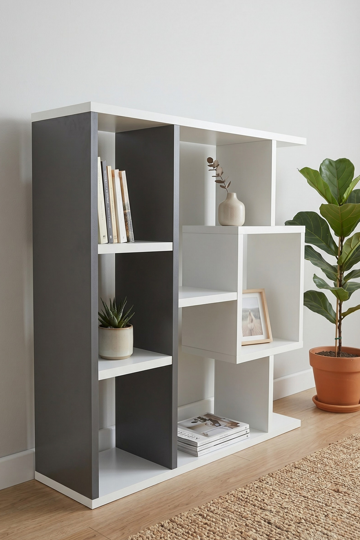 Enda Home Yegane Duvar Rafı, Duvar Kitaplığı, Dekoratif Kitaplık, Modern Kitaplık, Zeminde veya Duvarda Kullanıma Uygun Antrasit - Beyaz
