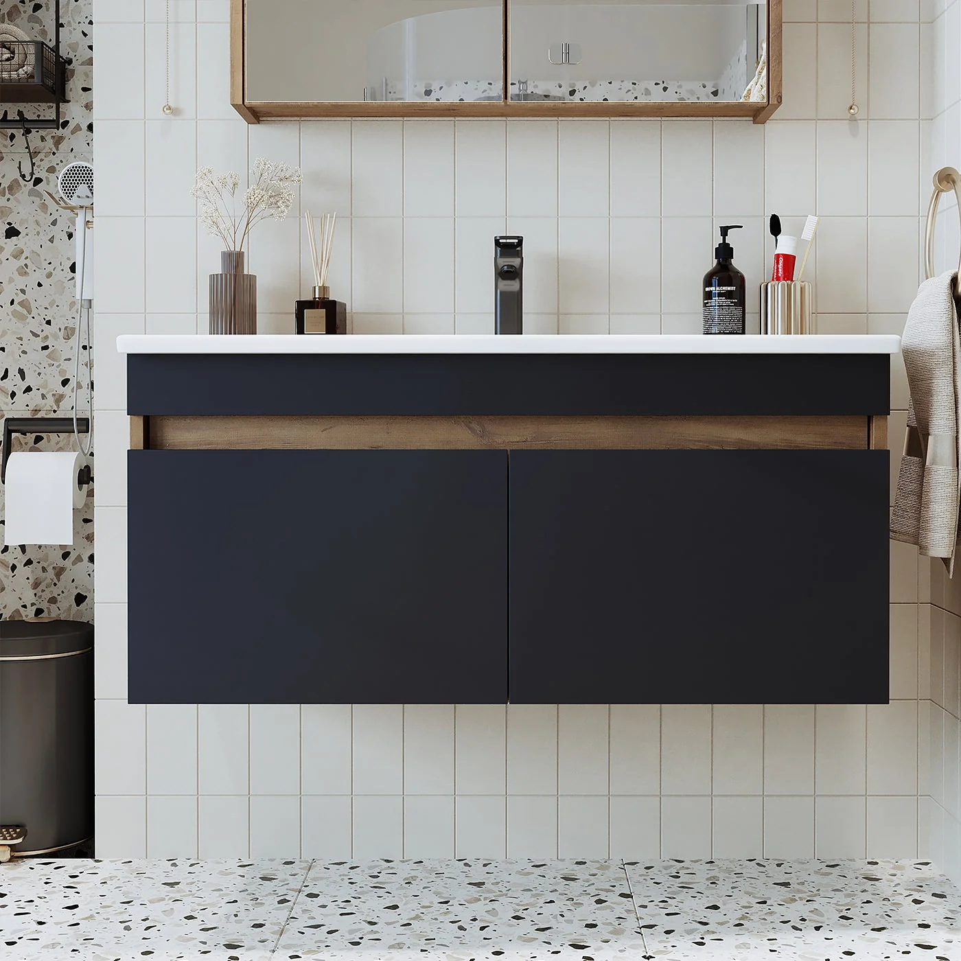 RoomArt Lavabolu Atlantik- Antrasit Mat Mdf 100 Cm Banyo Dolabı Atlantik Çam-Antrasit