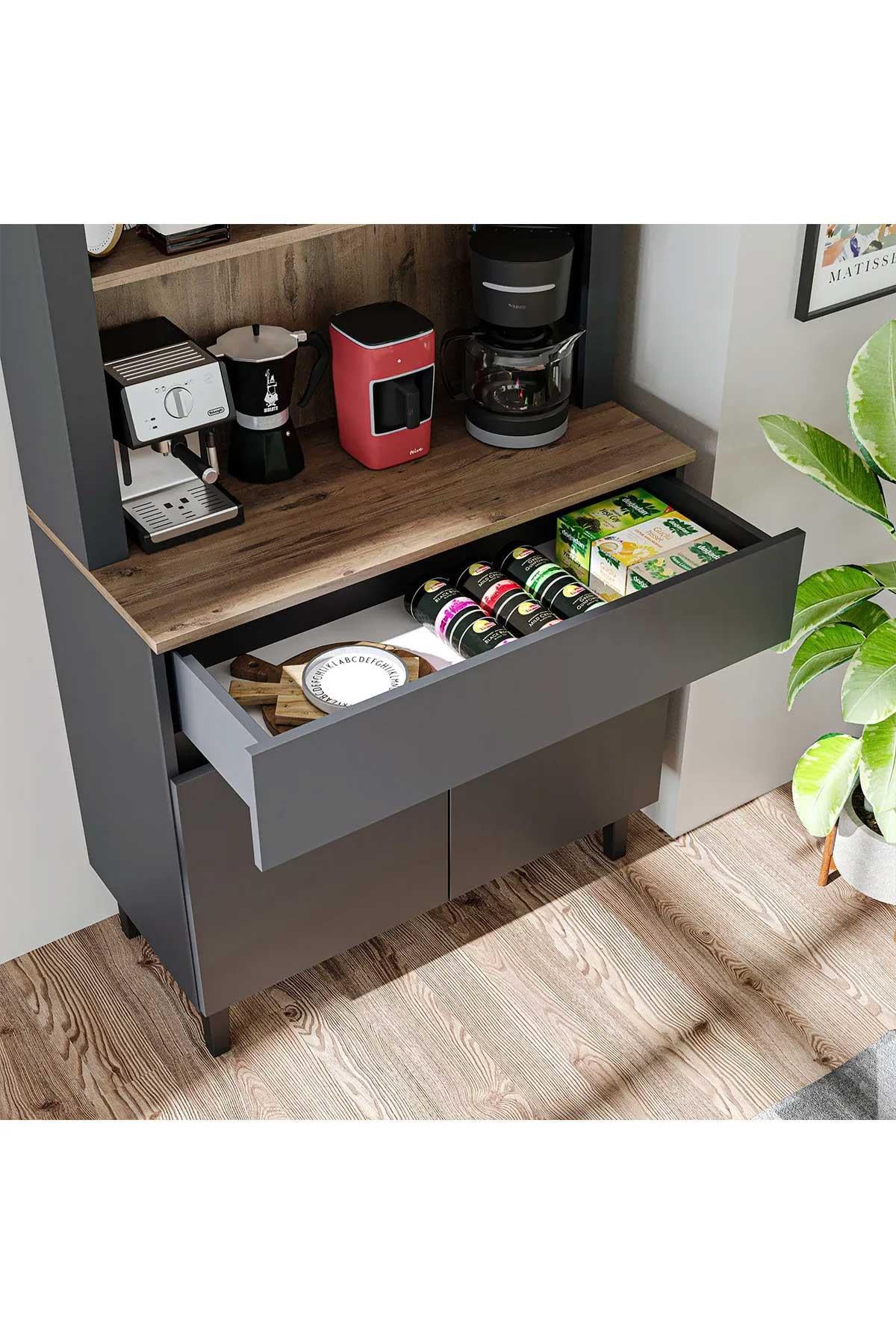 RoomArt Venedik Kahve Köşesi, Çok Amaçlı Dolap, 2 Kapaklı 1 Çekmeceli Kiler Dolabı, Mutfak Dolabı Antrasit