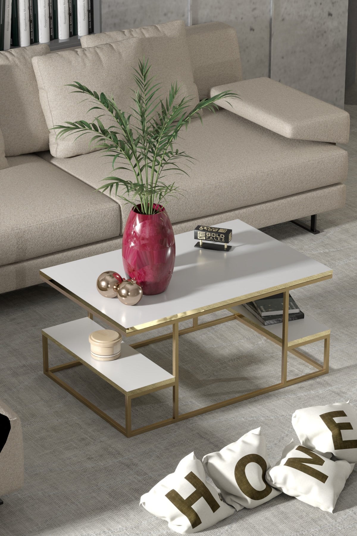 Reyo Falez Deluxe Raflı Orta Sehpa 60x90 cm Modern Dikdörtgen Orta Sehpa Gold Beyaz 