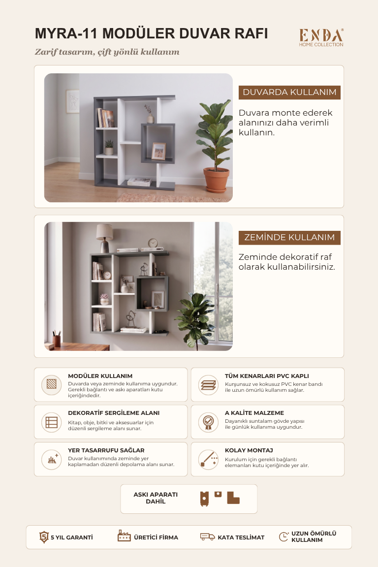 Enda Home Yegane Duvar Rafı, Duvar Kitaplığı, Dekoratif Kitaplık, Modern Kitaplık, Zeminde veya Duvarda Kullanıma Uygun Beyaz - Antrasit