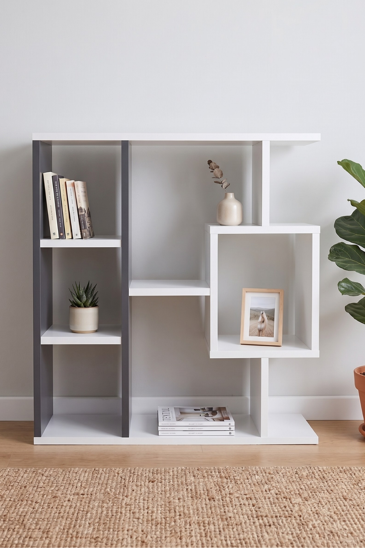 Enda Home Yegane Duvar Rafı, Duvar Kitaplığı, Dekoratif Kitaplık, Modern Kitaplık, Zeminde veya Duvarda Kullanıma Uygun Antrasit - Beyaz