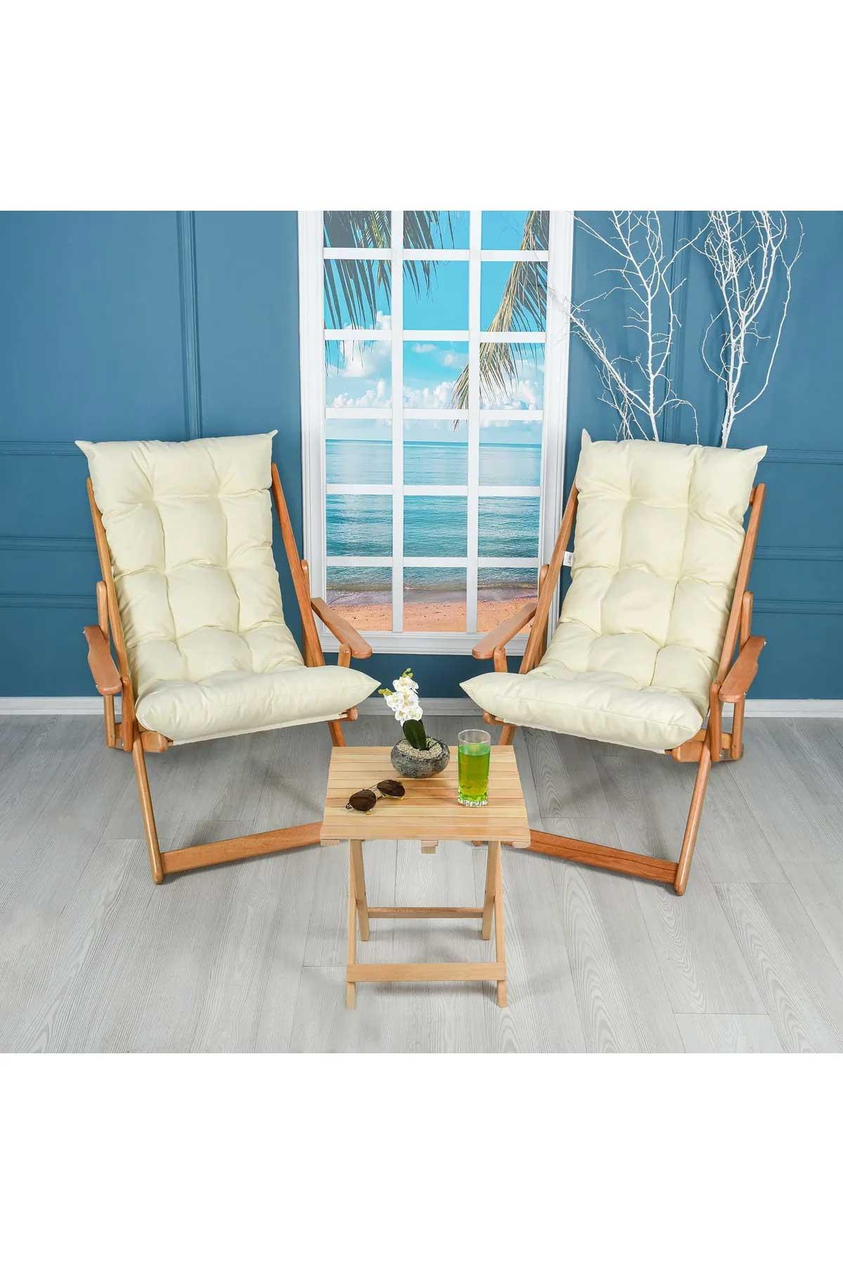 Bysay Ahşap Katlanabilir Taşınır Puf Minderli Kollu Kademeli Şezlong Plaj, Bahçe Şezlong 3lü Set Krem