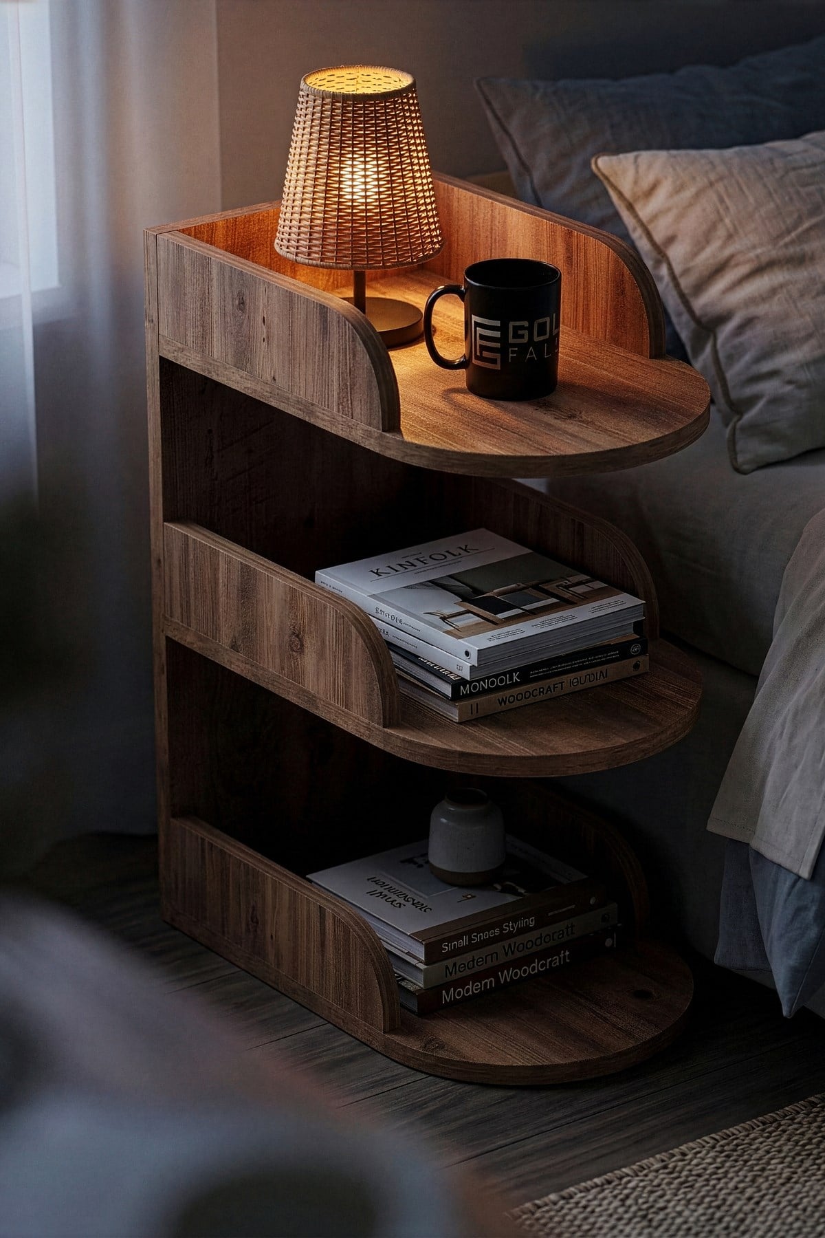 Reyo Falez Komodin Modern Ahşap 3 Katlı Raflı Yan Sehpa Çok Amaçlı Organizer Kitaplık Atlantik Çam