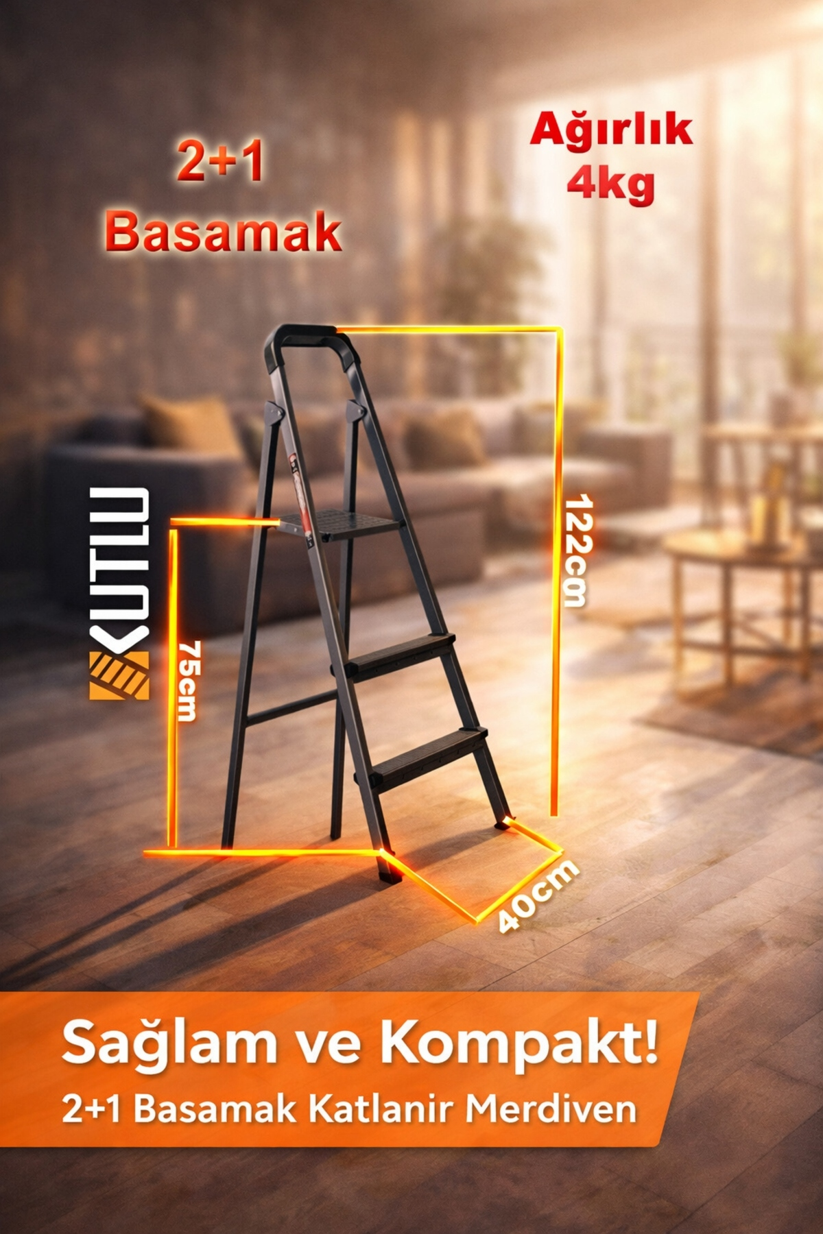 Reyo Kutlu Dayanıklı 2+1 Metal Basamaklı Katlanır Merdiven – Kaymaz Basamaklı Ev Tipi Portatif Merdiven
