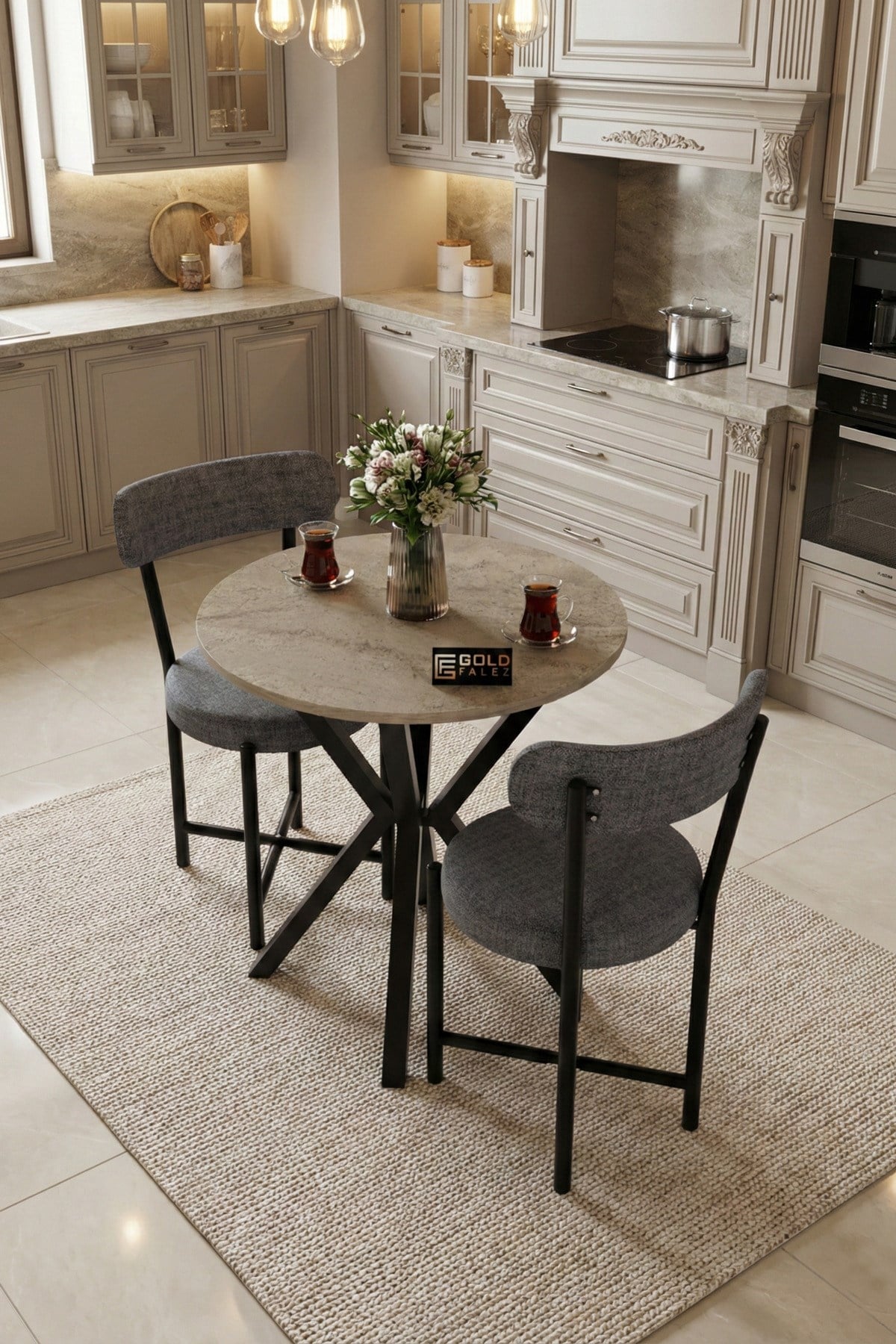 Reyo Falez Teddy 70 cm Yuvarlak Mutfak Masa Takımı 2 Sandalyeli Modern Bahçe Balkon Kafe Seti Traverten - Gri 9842