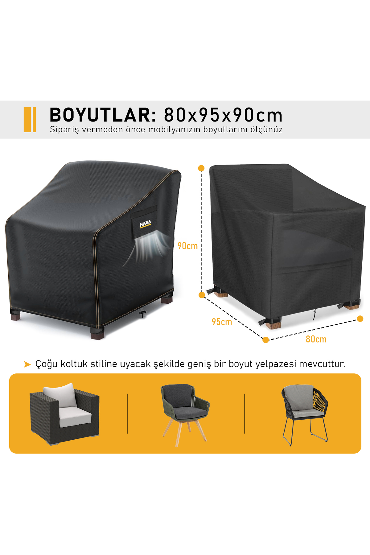 Haegs Tek Kişilik Bahçe Koltuk Örtüsü, Koruma Kılıfı, Su Geçirmez Açık Hava Bahçe Mobilya Kılıfları, Dış Mekan Sandalye Kılıfı Örtü Branda, Ağır Hizmet Tipi, 80-95-90cm - Siyah
