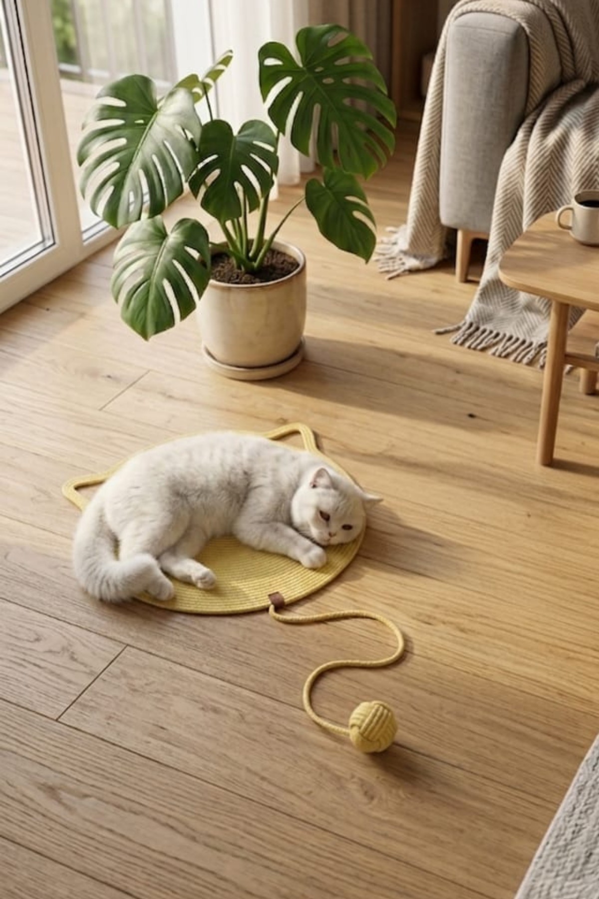 Reyo Pet El Yapımı Oyuncaklı Kedi Tırmalama Matı Tress İpli Açık Sarı